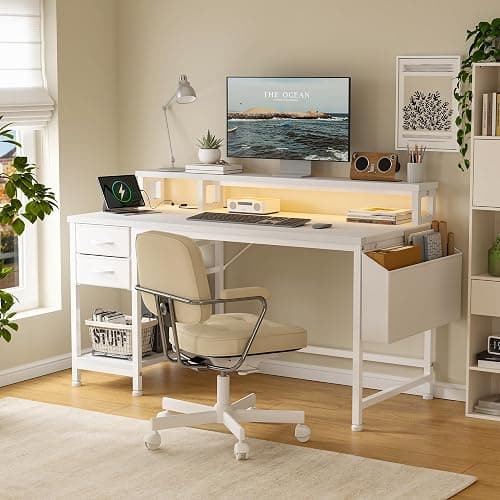 DurayLoly 40" Computer Desk with LED Strip, Gaming Desk with Drawers & Storage Bag, Office Desk with Power Outlets & Monitor Stand, Home Office Desks for Bedroom, Gaming Room, White thumbnail 9