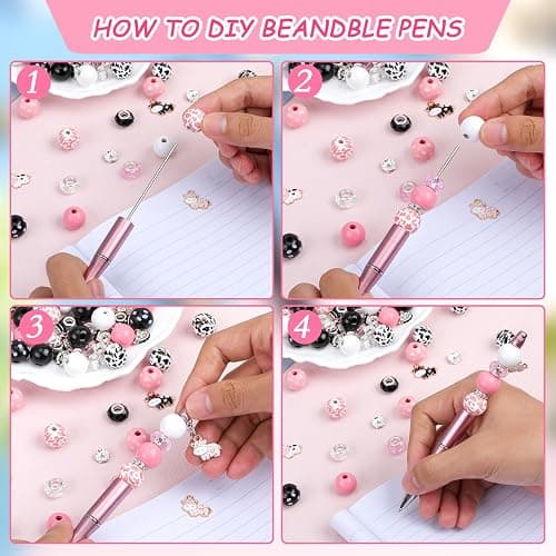 WEWAYSMILE 18 Pieces Beadable Pen DIY Cow Series Ballpoint Pen Set in Black Ink, with 110 Various Beads, 18 Pcs Lobster Clasps, 18 Cow Pendants, DIY Gifts Crafts Office Supplies thumbnail 4
