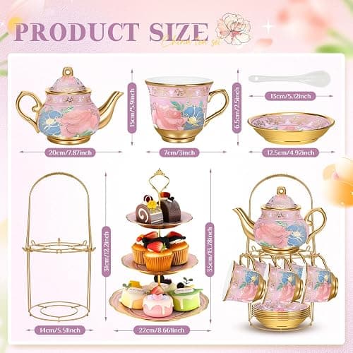 21 Pcs Porcelain Tea Set with 3 Tier Dessert Stand, Purple, Delicate | Ceramic Teapot Set with Metal Holder Cups Saucers for Adults, Floral Tea Party Set, European Tea Party Set Gift for Women thumbnail 3