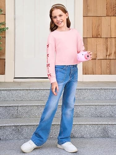 Haloumoning Girls Cute Daisy Pinted Cropped Sweatshirt Kids Long Sleeve Crop Tops Fall Fashion Shirts thumbnail 3