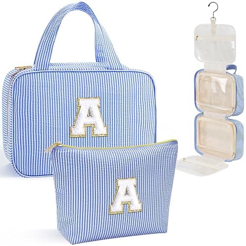 YOOLIFE Christmas Gifts for Women Teenage Girls Stocking Stuffers, Initial Hanging Toiletry Bag for Women Teen Girl, Travel Toiletry Bag Gifts for Mom Daughter Sister Friends, Letter A, Blue - Image 1