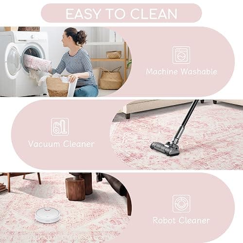 5x7 Washable Pink Area Rug, Upgraded Denser Surface Vintage Rugs, Honeycomb Non-Slip Backing Living Room Rug, Easy Care Foldable Rugs for Living Room Bedroom Kitchen Dinning Room Home Office thumbnail 7