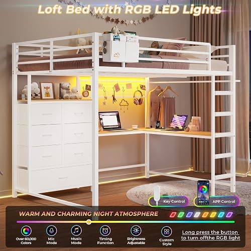 DICTAC Full Loft Bed with L-Shaped Desk and 7 Storage Drawers, Metal Full Size Loft Bed for Teen with LED Lights and Charging Station,13.11" H Safety Guardrail and Ladder,No Box Spring Needed, White thumbnail 3
