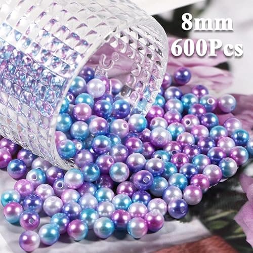600Pcs Pearl Beads 8mm Gradient Color Fake Mermaid Pearl Beads Jewelry Making for DIY Crafts Necklace Bracelet Mobile Phone Hanging Rope Wedding Decoration Vase Filling (Blue Purple 8mm) thumbnail 3