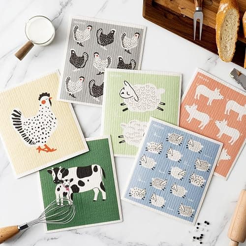 RECYCO Swedish Dishcloths for Kitchen | 6 Pack Farmhouse Friends Washable Dish Rags | Cellulose Reusable Cleaning Paper Towels | Absorbent Counter Dish Cloth Sponge Kitchen Wipes, 8" L x 7" W thumbnail 2