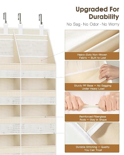 Criusia Over the Door Organizer, Extra Large 12 Compartments Closet Hanging Storage with 14 Mesh Pockets, 85lbs Capacity Behind the Door Storage for Baby Nursery, Bathroom, Bedroom, and Dorm, Beige thumbnail 3