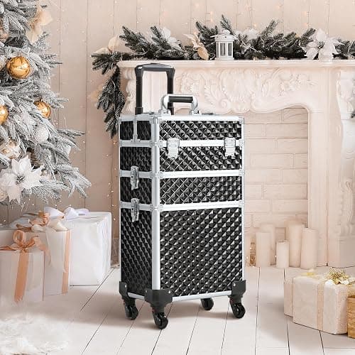 Yaheetech Rolling Makeup Train Case 3 in 1 Cosmetic Case Large Capacity Organizer with Swivel Wheels Key Cosmetic Trolley for Nail Tech Makeup - Black thumbnail 9