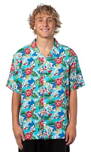 Sonic The Hedgehog Men's Hawaiian Floral Character Design Button-Up Woven Shirt thumbnail 2