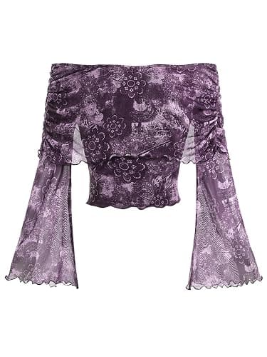 Verdusa Women's 70s Off The Shoulder Renaissance Tops Bell Flared Sleeve Floral Fairycore Mesh Crop Tops - Image 1