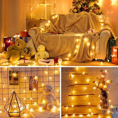 Minetom Star String Lights Battery Operated - 17 ft 50 LED Star Fairy String Lights with Timer, Waterproof for Indoor Bedroom Tent Loft Bed Patio Party Wedding Decor, Warm White thumbnail 5