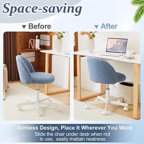 VINGLI Cute Candy Chair Armless Comfy Small Office Desk Vanity Chair with Wheels & Lumbar Support,Teddy Adjustable Rolling Swivel Computer Task Ch for Home Office,Bedroom,Fog Blue thumbnail 7