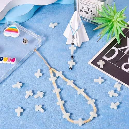 Magibeads 100Pcs Glow in the Dark Acrylic Cross Beads Crucifix Focal Beads White Cross Charms for Easter Pens Keychain Crafts DIY Jesus Bracelet Rosary Jewelry Making Supplies 16x12mm thumbnail 2