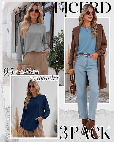 Ficerd 3 Pack Women's Long Sleeve Shirts, Cotton Crew Neck Tunic Tops Casual Loose Fit Pullover Sweatshirts Curved Hem Shirts thumbnail 3