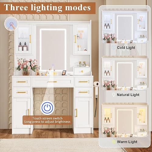 KAMABOKO Vanity Desk with Mirror & LED Lights & Power Outlet, Large Makeup Vanity Table with 5 Drawers and 4 Storage Cabinets, White Dressing Table for Bedroom thumbnail 3