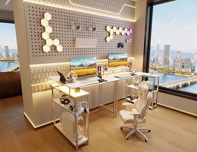 Xyphren L Shaped Gaming Desk with RGB LED Lights & Power Outlets, 120 * 80 cm Small Computer Desk with Adjustable Shelves, Corner Office Desk for Study Workstation, White thumbnail 8