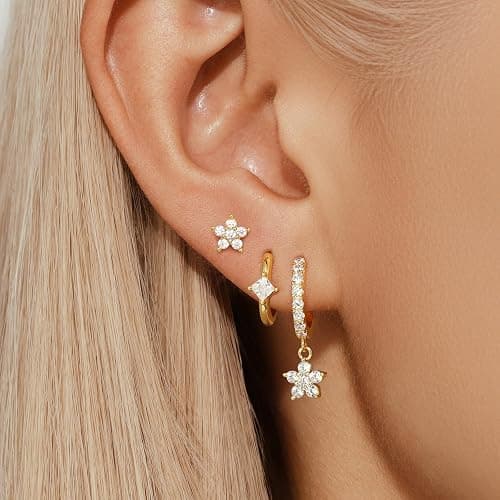 Angelady Gold Hoop Earrings Set for Women, Dainty 14K Gold Plated Flower Moon Cross Dangle Earrings, Hypoallergenic Huggie Hoop Earring Stacks, Stud Earrings for Women Trendy Jewelry Gift thumbnail 3