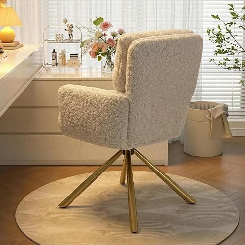 Kiztir Vanity Chair No Wheels Upholstered Teddy Vanity Chair with Back Gold Metal Criss Cross Home Office Desk Chair Boucle Accent Chair Modern Reading Chair Armchair for Living Room, Bedroom (Beige) thumbnail 6