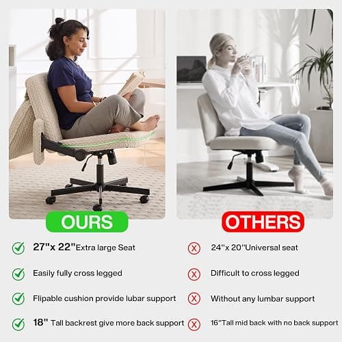 Fizzin Criss Cross Chair,Cross Legged Office Chair with Arms,Wide Office Desk Chair with Flipable Back Cushion Swivel Chair,Criss Cross Office Chair Vanity Chairs for Home Office Bedroom(Beige) thumbnail 4