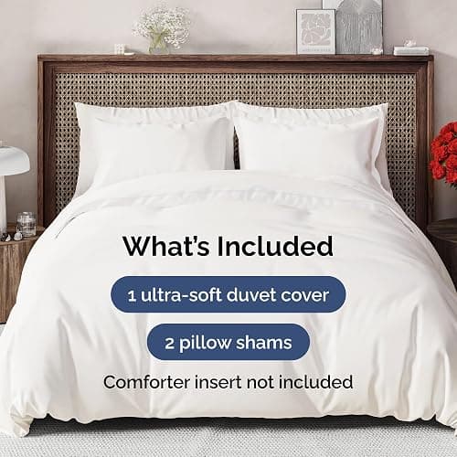 Duvet Cover Queen Size Set - Extra Soft Queen Size Duvet Cover 90 x 90 with 2 Pillow Shams - Hotel Luxury Easy Care & Fade Free w/Zipper Closures & Ties - Comfy Breathable Bedding Set (Antique White) thumbnail 2