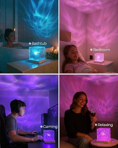 Rechargeable Shower Mood Light Cube, Ocean Wave Projector Lamp Cordless | 16 Colors, No Wiring, Waterproof, Remote & Touch Control, Spa-Like Shower Lamp for Bathroom, Bathtub, Bedroom, Relaxing thumbnail 7