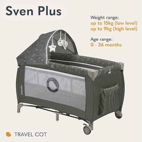 Lionelo Sven Plus 2in1 Travel Cot and Portable Baby Zone for newborns 0-36 Months Foldable with 2-level Heights, Changing Table, Mattress, Side Entrance Mesh Walls Mosquito Net Canopy Wheels Organiser thumbnail 3
