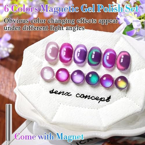Double Rhythm Cat Eye Gel Nail Polish Set of 6 Same Color Same Bottle 0.5 Oz Shimmer Glitter with Magnet Holographic Magnetic UV Nail Polish Kit (Blush Fuchsia Magenta Purple Violet Lavender -T6-107) thumbnail 6