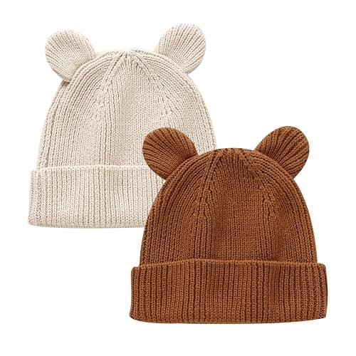 Hadetoto Cotton Baby Beanie Winter Knitted Hat, 2 Pack | Bear Ear Design, Infant Toddler Boys Girls, Soft Warm, Skull Cap - Image 1