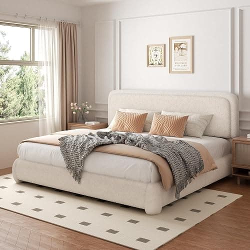 SwnftWinnt Queen Size Boucle Bed Frame with Adjustable Headboard, Upholstered Cloud Platform Bed, Anti-Collision Soft Rounded Corners, No Box Spring Needed, Easy Assembly, Noise Free, Beige thumbnail 9