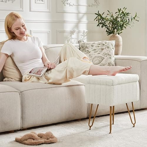 Sweetcrispy Vanity Stool Chair with Storage, Ottoman Faux Fur Soft Padded Makeup Footstools Seat with 4 Metal Legs Anti-Slip Adjustable Feet Modern Cute Small Footrest for Home Entryway Bedroom White thumbnail 9