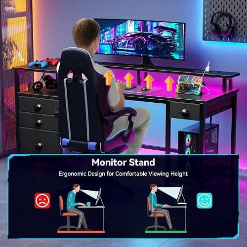 Furologee 60" Black Computer Desk with 4 Drawers and Printer Space, Gaming Desk with LED Lights and USB Power Outlets, Home Office Desk with Fabric File Cabinet,Study Work Table with Shelf for Bedroom thumbnail 5
