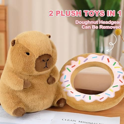 Ditucu Cute Capybara Plush Pillow with Wearable Donut Headgear Stuffed Animal Food Capibara Plushies Toys Gifts for Kids Brown 11 inch thumbnail 4