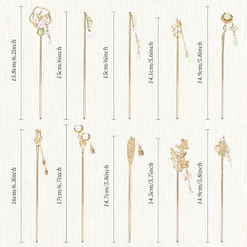 Cinaci 10 Pieces Decorative Vintage Retro Pearl Gold Metal Hair Sticks Pins with Pendants Chinese Hanfu Asian Flower Butterfly Hair Chopsticks Hair Bun Updo Holders Long Hairpins for Women Girls thumbnail 6