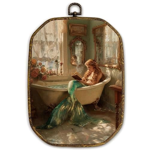 Yjeslw Vintage Mermaid Bathroom Octagon Wall Art Decor, Mermaid Bathtub Reading Framed Canvas Prints, Retro Whimsical Ocean Mythology Wall Hanging Decorations for Bedroom Bathroom Decor, 10.2x7 Inches - Image 1