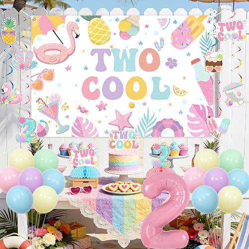 Funmemoir Two Cool Pool Birthday Party Decorations for Girls 2nd Birthday, Macaron Color Backdrop Banner Cake Topper Balloons Honeycomb Centerpieces for Summer Swimming Beach Theme Party thumbnail 2