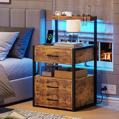 Nightstand with Charging Station and LED Lights, LED Night Stand with 2 USB Ports and 2 AC Outlets, Modern End Table with 3 Drawers, Bedside Table with Open Storage for Bedroom, Rustic Brown thumbnail 7
