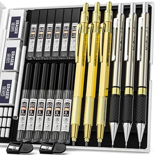 Nicpro Gold Art Mechanical Pencil Set, Metal Drafting Pencil 0.5, 0.7, 0.9mm & 2mm Lead Holder(2B HB 2H) For Sketching Drawing With Lead Refills Case - Image 1