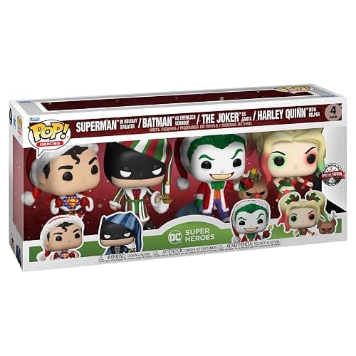 Funko Pop! DC Comics Christmas 4 Pack Special Edition Exclusive Vinyl Figures - Superman in Holiday Sweater, Batman as Ebenezer Scrooge, The Joker as Santa, Harley Quinn with Helper thumbnail 3