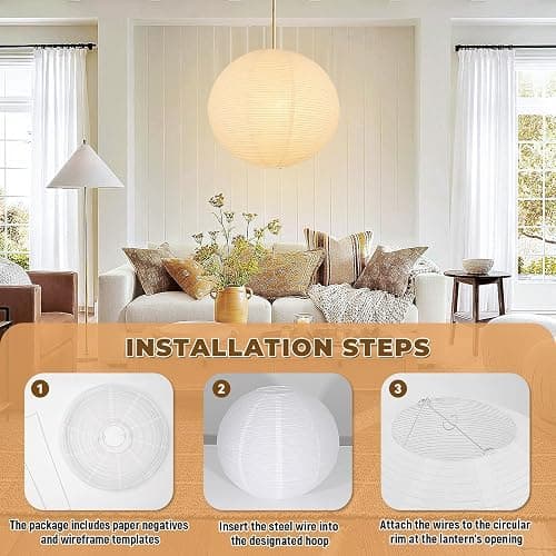 White Round Paper Lantern Lampshade set of 2, 20"x20'' Large Paper Lanterns Pendant Light Shade, Chinese Foldable Design for Living Room, Bedroom, Ceiling Lampshade Party Decor thumbnail 6