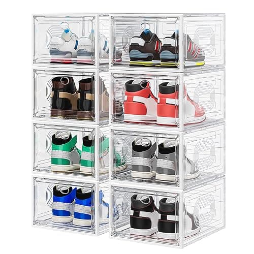 8 Pack Thicken & Clear Shoe Boxes Organizer with Magnetic Door, Stackable Storage Boxes for Shoes, Boot, Sneaker - Harder Plastic Shoe Storage Stackable Shoe Boxes for Closet Shoes Wall, White - White - 8 Pack - Image 1