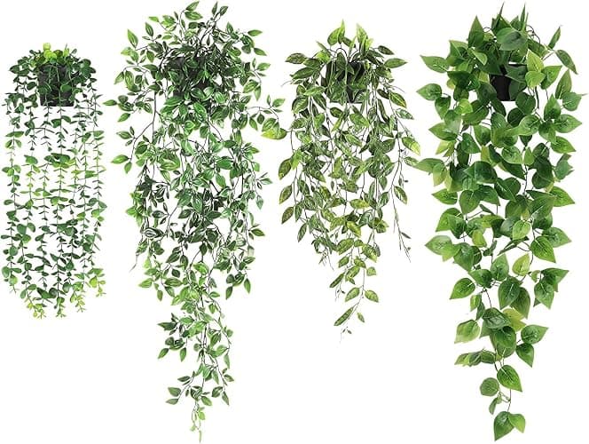 Koksi 4-Pack Artificial Hanging Plant with Pots- Realistic Green Plants Flowers - Indoor & Outdoor Faux Greenery for Home Decoration, Living Room, Bedroom (4-Pack Hanging) - Image 1