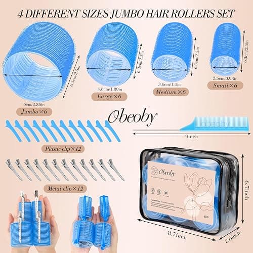 obeoby 4 Sizes Hair Rollers Curlers Set with Clips for Women Girls, Blue | Self-Grip No-heat Styling Jumbo Large Small Rollers for Long Short Curly Bangs, Home Use or Travel Accessories Gifts thumbnail 2