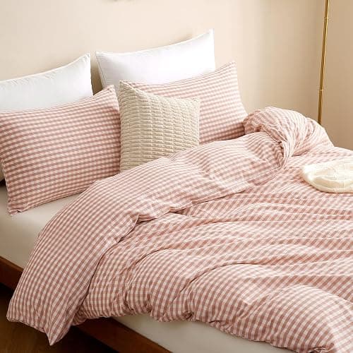TOCOMOA Pink Tan Gingham Duvet Cover Bedding Set 100% Washed Cotton Like Linen Feel Super Soft Comfy 2 Piece Vintage Plaid Checkered Fall Comforter Cover Set (Twin 68"x90", Comforter Not Included) thumbnail 4