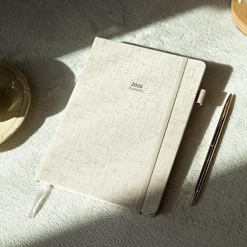 Getink 2026 Planner Weekly & Monthly Daily Agenda Book with Linen cover, 2026 To Do List Notebook with Colorful Monthly Tabs, Inner Pocket, Elastic Closure (Beige,5.5 * 8.5) thumbnail 2