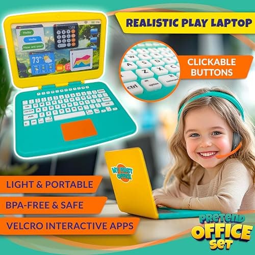 BLOONSY Pretend Play Home Office Set for Kids Ages 3-5-7 | Features Toy Laptop Computer, LCD Writing Tablet, Pop Fidget Calculator, Cell Phone, Headset & Toddlers Beverage Cup thumbnail 3