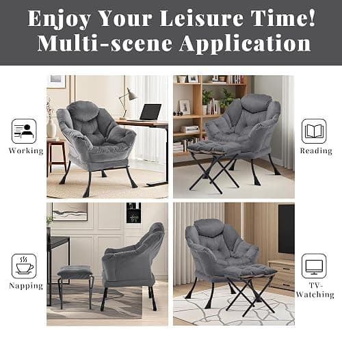 Aunekiv Lazy Chair with Ottoman, Comfy Accent Lounge Chair with Side Pocket, Modern Reading Armchair with Footrest, Upholstered Sofa Chair for Small Spaces, Bedroom, Living Room, Dorm, Darkgrey thumbnail 9