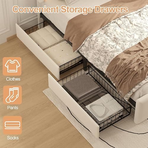Full Bed Frame with 4 Storage Drawers, Adjustable Wavy Headboard, White | PU Upholstered Princess Platform Bed with RGB LED Lights and Charging Station, Metal Slats Support, No Box Spring Needed thumbnail 6
