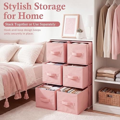 Weysat 6 Pack Large Dorm Stackable Drawers Dorm Essential Under Bed Storage Collapsible Closet Organizer with Drawers Shelf Storage Fabric, Clothes, Towels for College Bedroom Living Room(Pink) thumbnail 5
