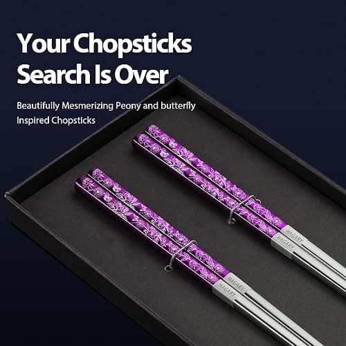 Peony and Butterfly Chopsticks Metal Chopsticks Reusable Designed in Korea Japanese Style Stainless Steel 316 18/10 Non-Slip Dishwasher Safe Laser Etched 2 Pairs Purple thumbnail 3