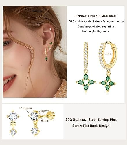Flat Back Stud Earrings Set Surgical Stainless Steel Dainty Cartilage Earring Pack for Women Men thumbnail 3