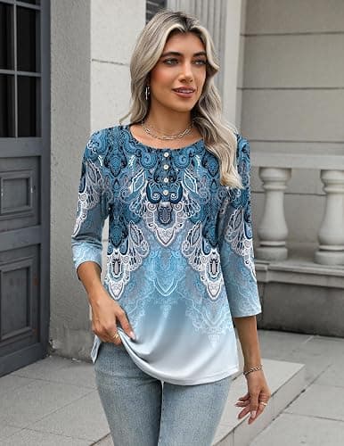 Zeagoo 3/4 Length Sleeve Women Tops Crew Neck Blouses Dressy Casual Summer T Shirts Loose Fit Business Work Clothes thumbnail 4